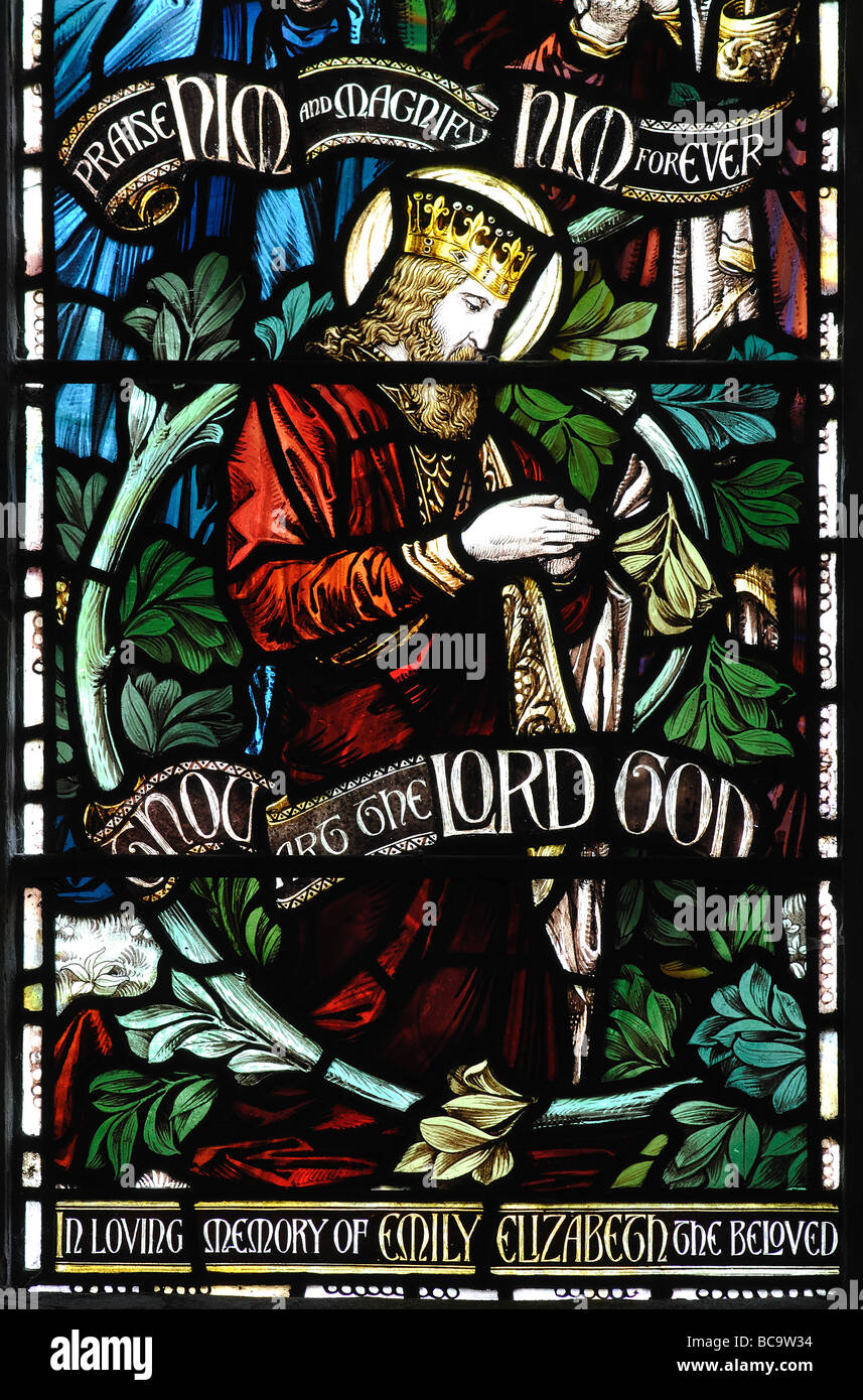 Stained glass of King Hezekiah in St. Mary and St. Bartholomew`s Church, Hampton-in-Arden, West Midlands, England, UK Stock Photo